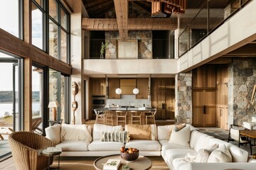 Spacious and inviting rustic interior of a lakeside home with exposed wooden beams and an abundance of natural light...