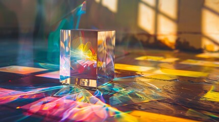 Sunlight creating multicolored reflections on a glass prismatic cube