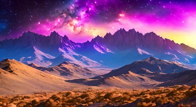 Colorful mountains landscape High mountains and beautiful starry sky Bright animation with image transformations and metamorphose video