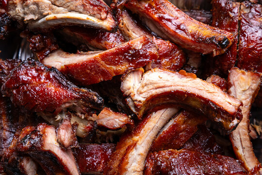 Basket of delicious baby back pork ribs fresh of the pellet grill smoker