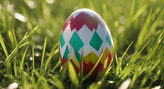 Easter egg painted in various colors and located in a grass field with sunlight in Happy Easter Egg