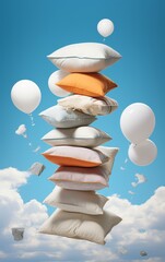 A creative photo featuring a tall stack of white and blue pillows set against a bright blue sky, with fluffy white clouds at the base, giving a dreamlike quality..