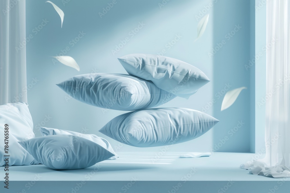 Wall mural A creative photo depicting a stack of pale blue pillows with white feathers floating in a room bathed in soft blue light, creating a tranquil and serene atmosphere.. - Wall murals