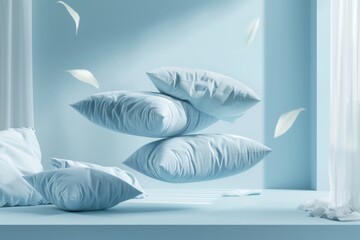 A creative photo depicting a stack of pale blue pillows with white feathers floating in a room bathed in soft blue light, creating a tranquil and serene atmosphere..