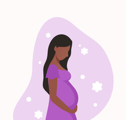 A pregnant woman in a purple dress hugs her belly with her hands. Flat vector illustration.