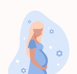 A pregnant woman in a blue dress hugs her stomach with her hands. Flat vector illustration.