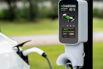 EV electric vehicle recharging battery from EV charging station in outdoor green city park scenic....