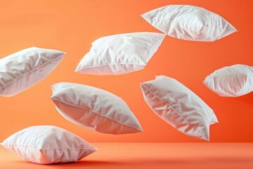 Multiple white pillows seemingly floating mid-air against a vivid orange background