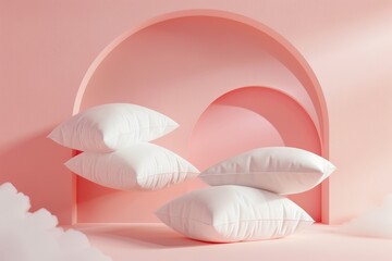 Soft white pillows staged within a pink architectural archway, creating a dreamy and modern aesthetic..