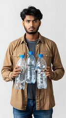 Angry young Indian volunteer holding plastic bottles isolated over white background, Recycling, zero-waste, environmental protection from pollution concept