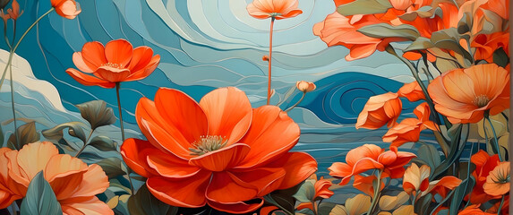 An artistic depiction showcasing bright red poppy flowers with swirling blue background and detailed petal textures A celebration of nature in art forms