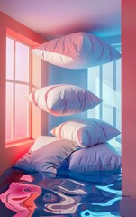 Surreal digital image of white pillows floating in a room with reflective water on the floor, bathed in colorful light from the window..