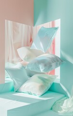 An abstract composition featuring pastel-colored pillows cascading through a geometrically structured, pastel-hued room...