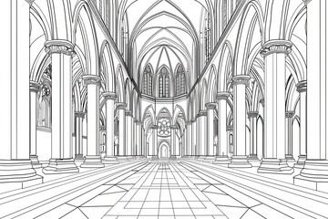 Coloring Book Page - Cathedral Interior. Generative AI.