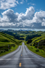 Fototapeta na wymiar The Breathtaking Beauty of New Zealand: A Road Trip Through Rolling Green Hills Underneath a Vast Blue Sky