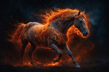 A horse with a fiery mane is running through a dark background