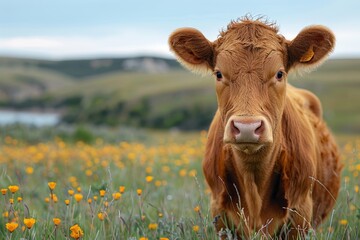 A carefree brown cow stands amidst wild yellow flowers, portraying rural life and the connection...
