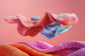 Abstract art with dynamic waves of multicolored striped textiles undulating against a warm pink background..
