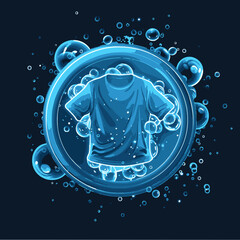 Fototapeta premium A round vector logo for an eco-friendly laundry service, featuring a t-shirt immersed in sparkling bubbles within a clean, fresh, and innovative aqua-colored design.
