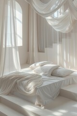 A tranquil white bedroom bathed in natural light, featuring an elegant bed with sheer curtains delicately draping around it..
