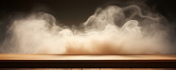 beige background with a wooden table and smoke. Space for product presentation, studio shot, photorealistic, high resolution image with soft lighting
