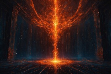 A large orange flame is shooting out of the ground in a dark room