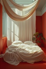 A surreal bedroom scene with white bedding and peach-colored decoration details in the morning sunlight..