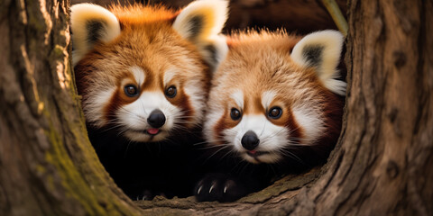 Two red pandas cuddled up in a cozy tree hollow, their fluffy tails wrapped around each other as they share a moment of warmth and affection.
