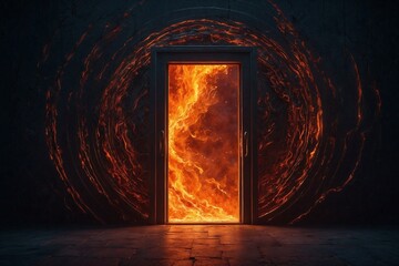 A fiery door is lit up in a dark room