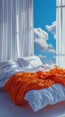 Bed with white linens and a vivid orange duvet, next to a window with sheer curtains revealing a blue sky with fluffy clouds. Comfort, rest, relaxation concept