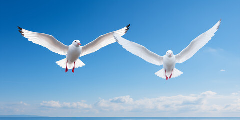 Two seagulls soaring gracefully in a clear blue sky, their synchronized flight patterns resembling a heart shape against the horizon. - obrazy, fototapety, plakaty