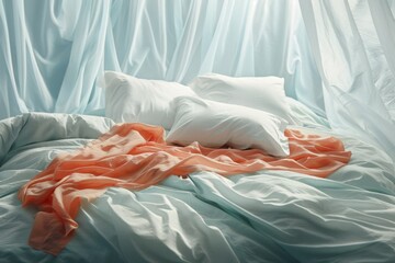 A surreal bedroom scene with white bedding and peach-colored decoration details in the morning sunlight.