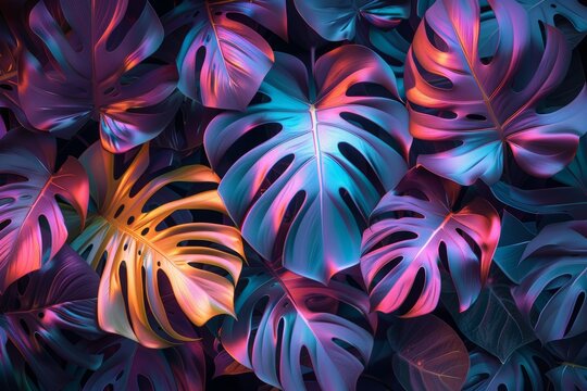 abstract background with monstera leaves in blue, green, orange. Summer vibes