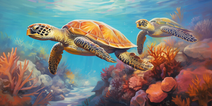 Two sea turtles swimming side by side in a vibrant coral reef, their graceful movements and synchronized strokes painting a picture of underwater harmony.