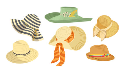 Elegant summer straw and textile hats female stylish accessories isolated set on white background - obrazy, fototapety, plakaty