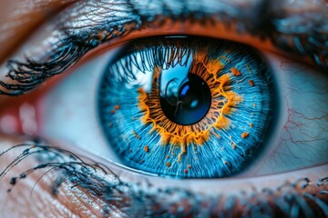 Extreme close-up capturing the intricate details of a human eye with vivid blue iris patterns