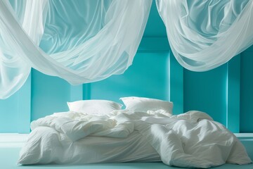 Creative photo of a serene bedroom with white bedding and billowing sheer drapes in a room with turquoise walls, creating a dreamlike, tranquil ambiance..
