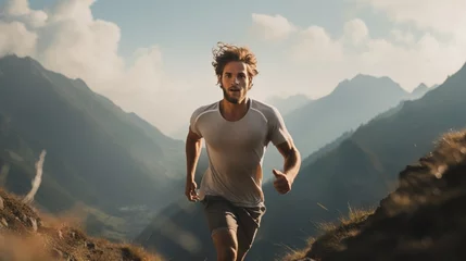 Deurstickers Young man runs on mountain © Matthew