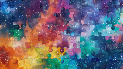 Bright colored background with dust of stars divided into puzzles