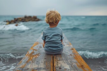 A thoughtful toddler sits on a wooden pier, staring at the vast sea, evoking innocence and wonder