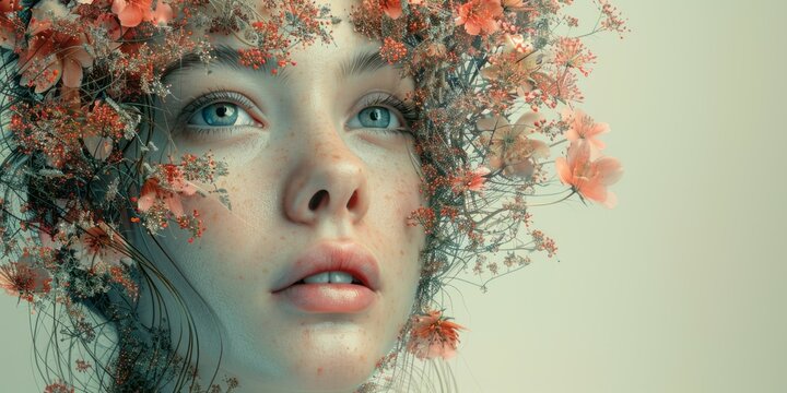 Portrait of a beautiful girl with flowers in her hair. Conceptual image