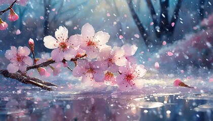 美しい桜の花びらが氷の中で幻想的に輝いている、背景に心地よい風が吹き抜ける。 - obrazy, fototapety, plakaty
