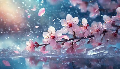 美しい桜の花びらが氷の中で幻想的に輝いている、背景に心地よい風が吹き抜ける。 - obrazy, fototapety, plakaty