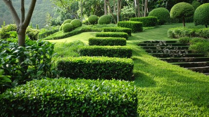 elegant and manicured garden with artistically trimmed hedges along a grassy slope