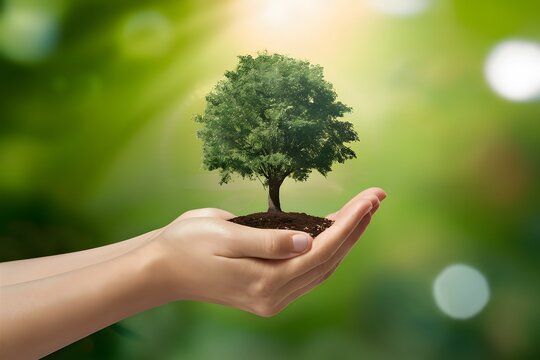 Hand holding tree on blur green nature background, eco concept