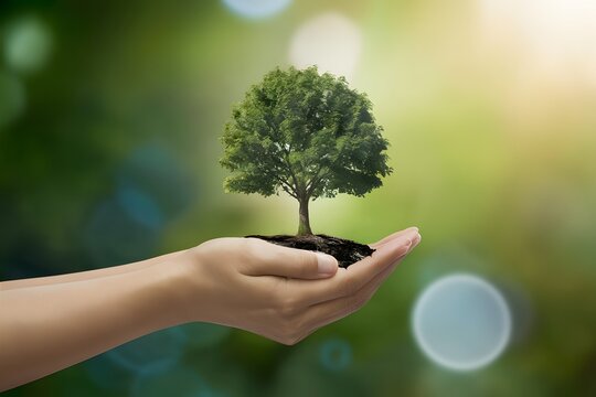 Hand holding tree on blur green nature background, eco concept