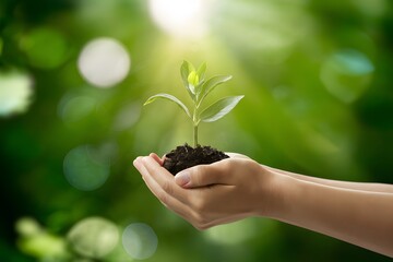Hand holding young plant on green nature bokeh background