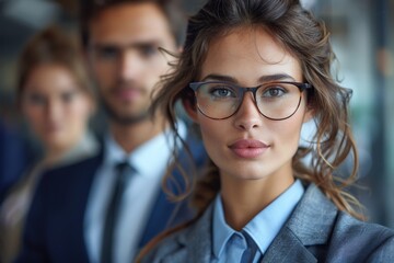 Fototapeta na wymiar A sharp portrait of a professional woman with her team slightly out of focus in the background