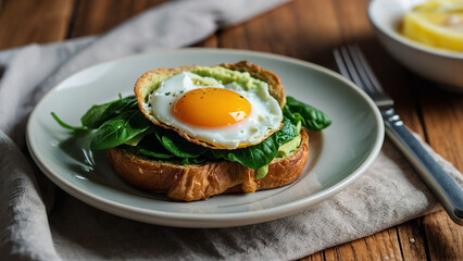Traditional english breakfast toast with fried eggs and bacon, Generative AI