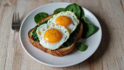Traditional english breakfast toast with fried eggs and bacon, Generative AI